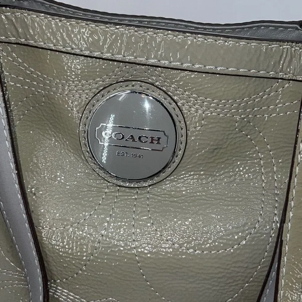 Coach Womens Gross Grain Patent Leather Stitch Tote Shoulder Bag Green Gray Medi